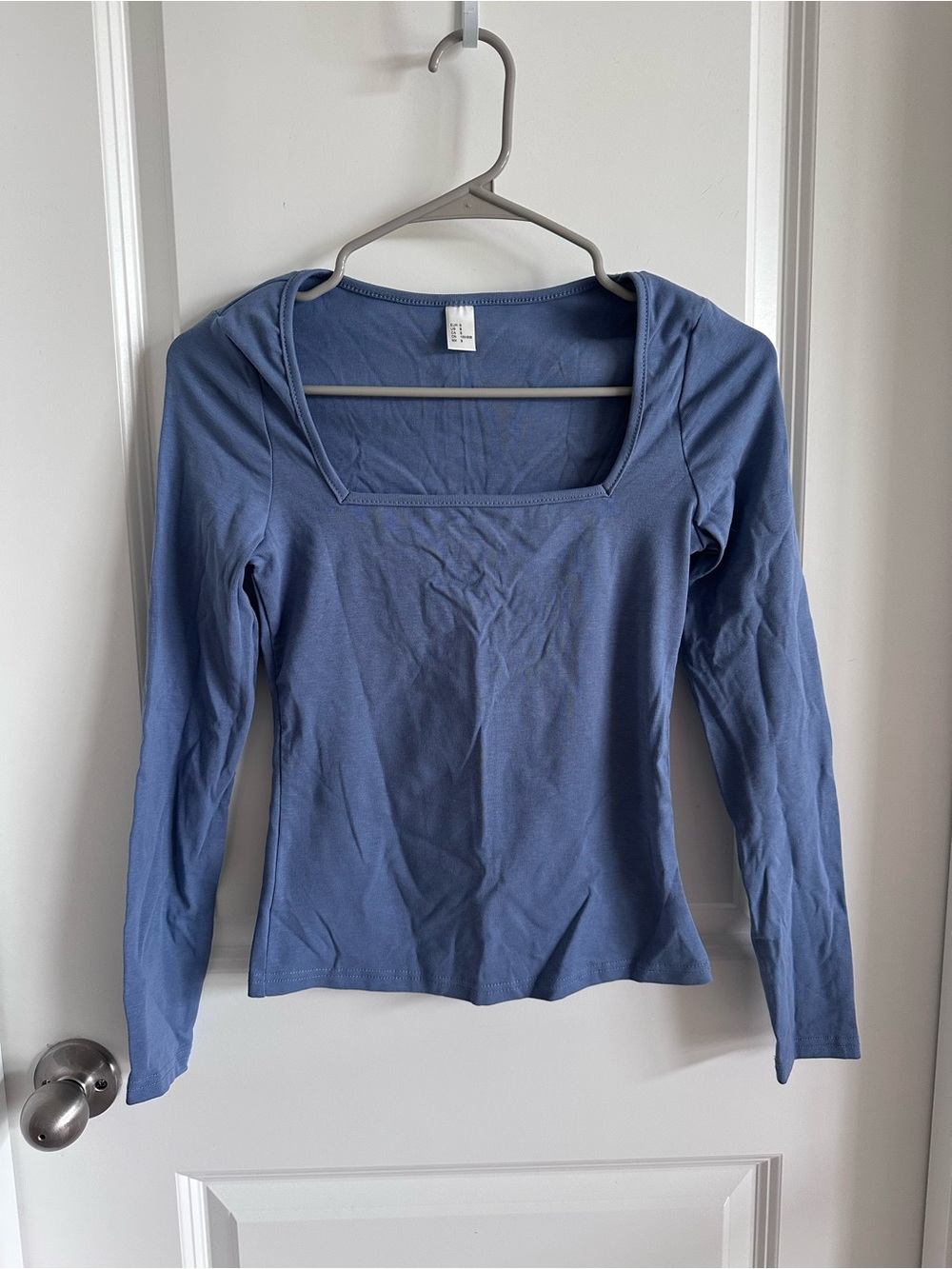 Women's Blue Square Neck Long Sleeve Top
